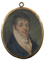 λ English School c.1800 Portrait miniature of a gentleman wearing a blue coat and yellow waistcoat