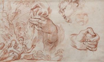 French School 18th Century Study of hands, a putto's face, and an embracing couple in a landscape