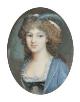 λ François Dumont (French 1751-1831) Portrait miniature of a young lady wearing a blue dress and a