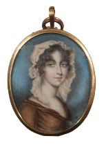 λ Circle of Andrew Plimer Portrait miniature of a lady, wearing a brown dress and white bonnet Oval,