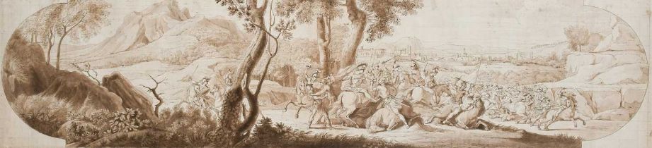 Italian School 18th Century Equestrian battle in a landscape with a town beyond Pencil, pen and ink,