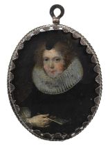 Manner of Alexander Cooper Portrait miniature wearing a ruff and holding a fan Bears a signature