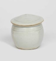 Richard Batterham (1936-2021) a small porcelain square jar and cover, covered in an ash glaze
