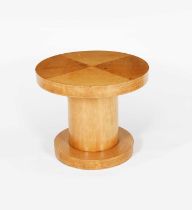 An Art Deco birch veneer table in the manner of Hille, circular top on drum column with circular