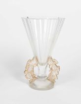 'Roitelets' a Lalique sepia stained clear and frosted glass vase designed by Rene Lalique, stencil