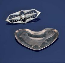 Kenneth William Lessons RCA (born 1933), attributed a patinated silver bird brooch, and another