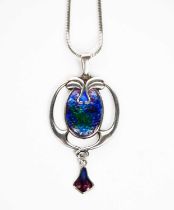 A Charles Horner silver and enamel pendant necklace, pierced and cast with Art Nouveau foliate