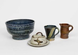 Jane Hamlyn (born 1940) a salt-glaze stoneware bowl, footed form, glazed blue with green patches,