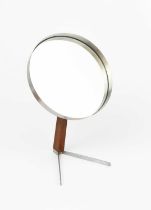 A Durlston Designs stainless steel and teak vanity mirror designed by Robert Welch, circular metal