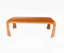 A Tendo Mokko Zataku beech plywood and Japanese Elm table designed by Saburo Inui, shaped