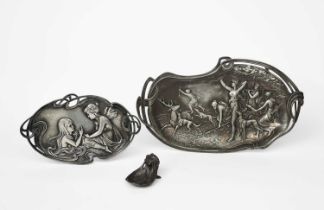 An Art Nouveau WMF electroplated metal Diana the Huntress tray, model no.250, cast in low relief