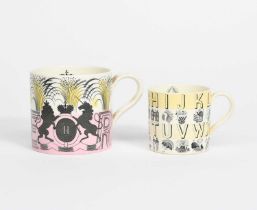 A Wedgwood Pottery Alphabet mug designed by Eric Ravilious, printed with vignette in black on pale