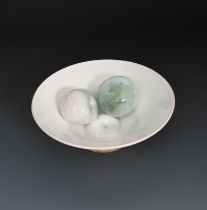 Φ Gordon Baldwin (born 1932) Untitled earthenware bowl with apple to well, glazed white and two