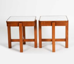 A pair of Art Deco mirror topped side tables, rounded square section, unsigned, 46cm square (2)