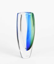 A Kosta Boda glass vase by Goran Warff, slender, swollen cylindrical form, blue and green striped