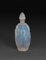 A Sabino opalescent glass scent bottle and stopper, shouldered form cast in low relief with a frieze