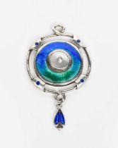 A James Fenton silver and enamel pendant, circular, pierced and cast in low relief enamelled blue
