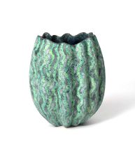 Peter Beard (born 1951) Wavy form vessel, 2023 press moulded then altered, grey-green wax resist,