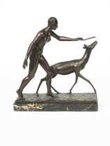 Henri Fugere (1872-1944) Woman with a Deer patinated bronze, on veined marble base signed in the