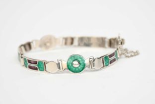 A James Fenton silver and enamel bracelet, thin rectangular links enamelled with geometric panels in