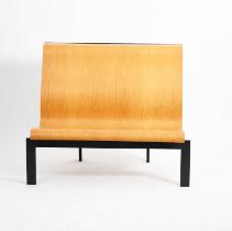 A Havana Bench designed by Joseph Massaca, curved plywood seat on painted metal frame 98cm wide,
