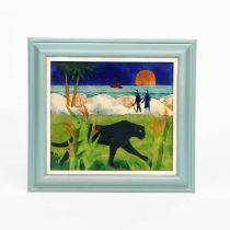 Beryl Turpin (1926-2016) Beach Walking enamelled metal plaque of a black panther in the