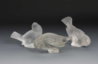 'Sparrow' a Lalique clear and frosted glass table decoration designed by Rene Lalique, and two