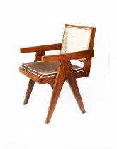 A teak and cane office armchair designed by Pierre Jeanneret, model SI-28, originally designed circa