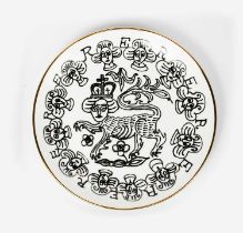 Sir Grayson Perry CBE RA (born 1960) Lion Queen a plate, printed with heraldic lion and border of