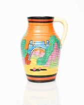 'Applique Avignon' a Clarice Cliff Bizarre single-handled Lotus jug, painted in colours between