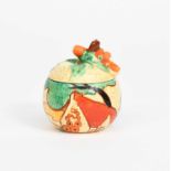 'Red Roofs' a Clarice Cliff Fantasque Bizarre Apple shape preserve pot and cover, painted in