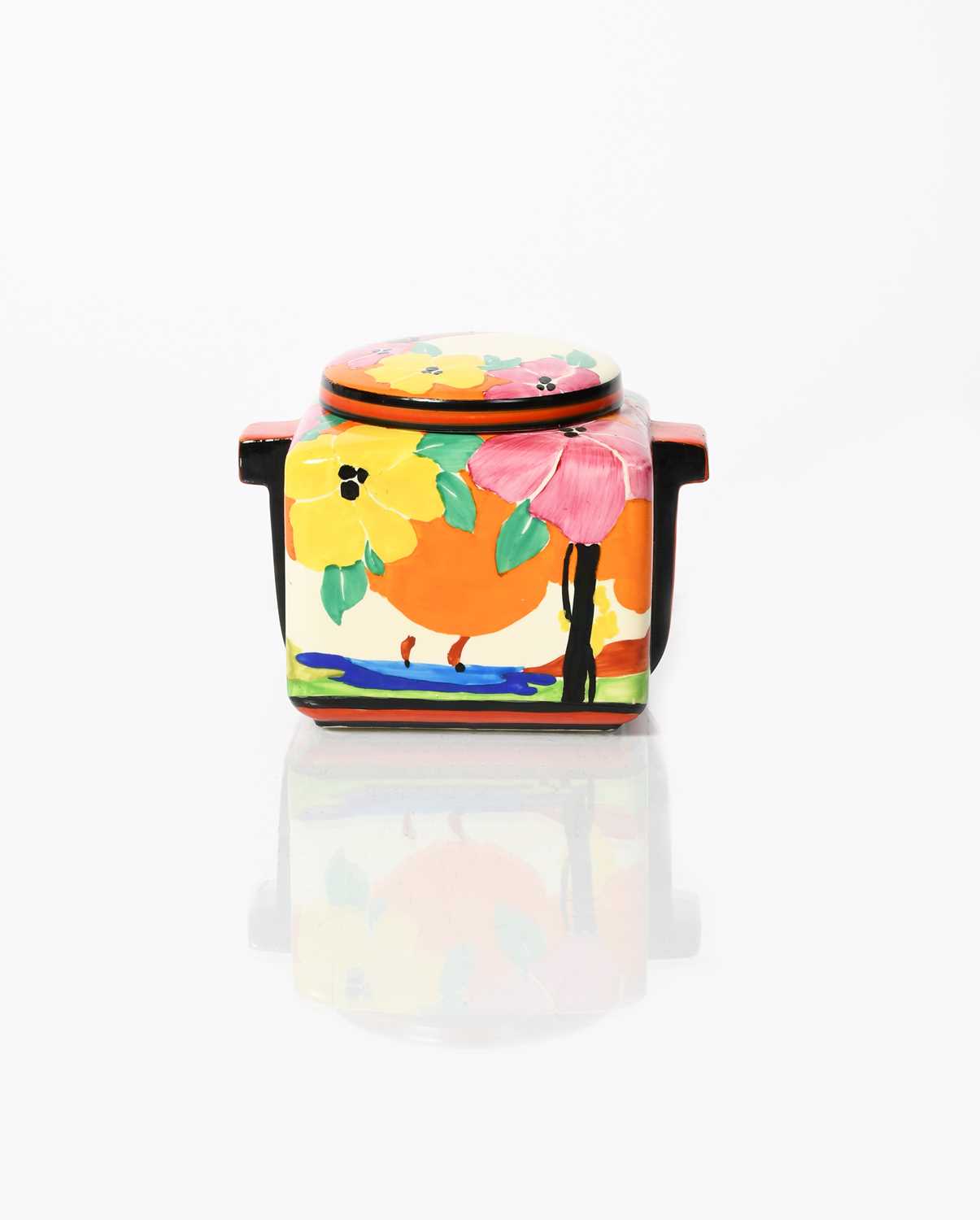 'Applique Palermo' a unique Clarice Cliff Bizarre Stamford biscuit box and cover, shape no. 422,