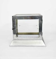 A Griffin & George Ltd chrome and glass display case, the cube case with hinged door and flaring