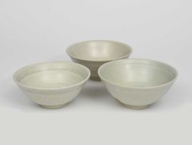 Richard Batterham (1936-2021) three porcelain footed bowls, two decorated with chatter bands to