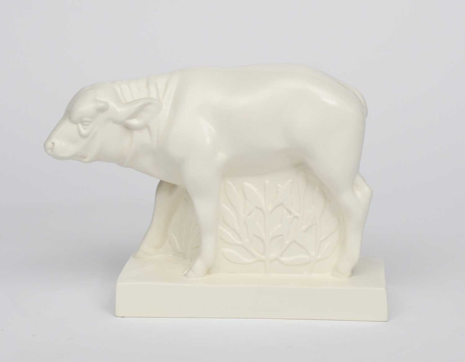 'Bison' a Wedgwood Pottery sculpture designed by John Skeaping, covered in a matt white Moonstone