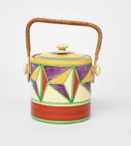'Original Bizarre' a Clarice Cliff Hereford shape Biscuit barrel and cover, painted with a band of