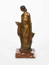Zoltan Kovats (1883-1952) Diana with a Deer patinated bronze on a red marble base, signed in the