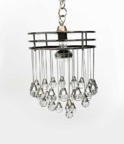 An Art Deco chrome ceiling light, circular disc construction with hanging glass teardrop