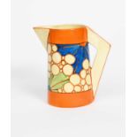'Broth' a Clarice Cliff Bizarre Conical jug, painted in colours between orange bands, printed