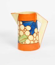 'Broth' a Clarice Cliff Bizarre Conical jug, painted in colours between orange bands, printed