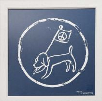 Yoshitomo Nara (born 1959) Peace Dog (blue) printed on cotton framed printed marks bottom right 50 x