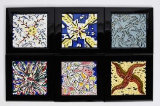 A set of six La Suite Catalan tiles designed by Salvador Dali, for Maurice Duchin, painted with