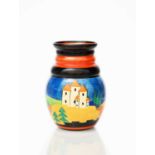 'Applique Lucerne' a Clarice Cliff Bizarre vase, shape no. 358, painted in colours between red and