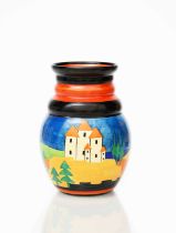 'Applique Lucerne' a Clarice Cliff Bizarre vase, shape no. 358, painted in colours between red and