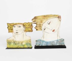 Φ Christy Keeney (born 1958) Bust of a Woman, earthenware, glazed in colours on a slate base, and