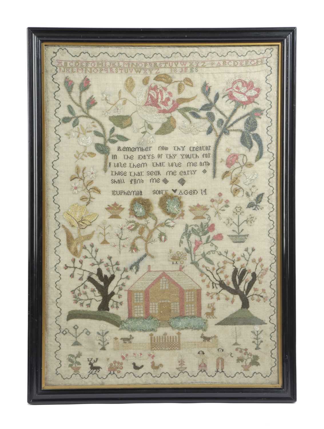 A WILLIAM IV NEEDLEWORK SAMPLER PROBABLY SCOTTISH, C.1835 worked in coloured silks on a linen ground