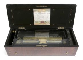 λ A SWISS ROSEWOOD MUSICAL BOX LATE 19TH / EARLY 20TH CENTURY with boxwood stringing around a