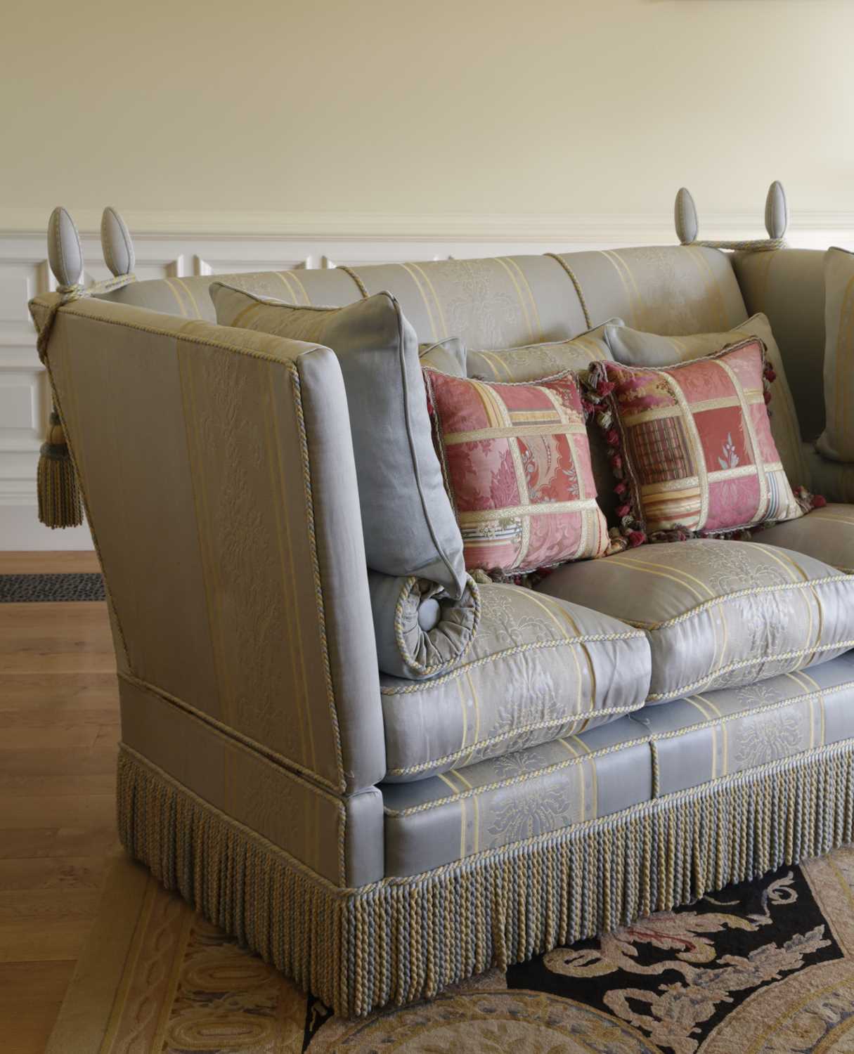 A PAIR OF KNOLE SOFAS BY PAUL HITCHINGS, MODERN each covered in pale blue and yellow silk damask, - Image 2 of 3