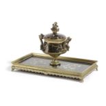 A FRENCH CHAMPLEVÉ ENAMEL AND PIETRA DURA INKWELL LATE 19TH CENTURY the urn shaped inkwell with