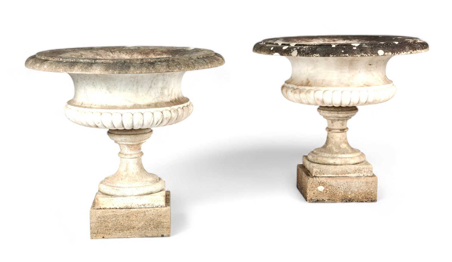 A SET OF FOUR ITALIAN CARRARA MARBLE GARDEN URNS EARLY 19TH CENTURY each of circular form with a - Image 2 of 2